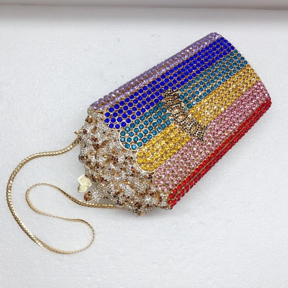 XIYUAN Popcorn Crystal Clutch Bags MINI Metal Box Minaudiere Purses Wedding Party Dinner Handbags Rhinestone Clutches Bags Gift