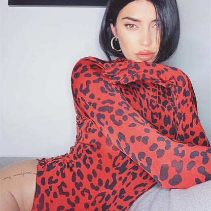 OMSJ Hot Selling Trendy Hipster Turtleneck Rompers For Women Full Sleeve Connection Gloves Leopard Print Streetwear Y2k Body Top