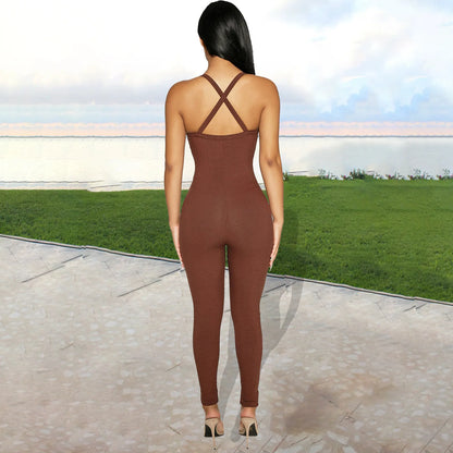 Sexy Cleavage Jumpsuits Women Classic Simple Casual Sporty Wear Sleeveless V-Neck Back Criss Cross Active Casualwear