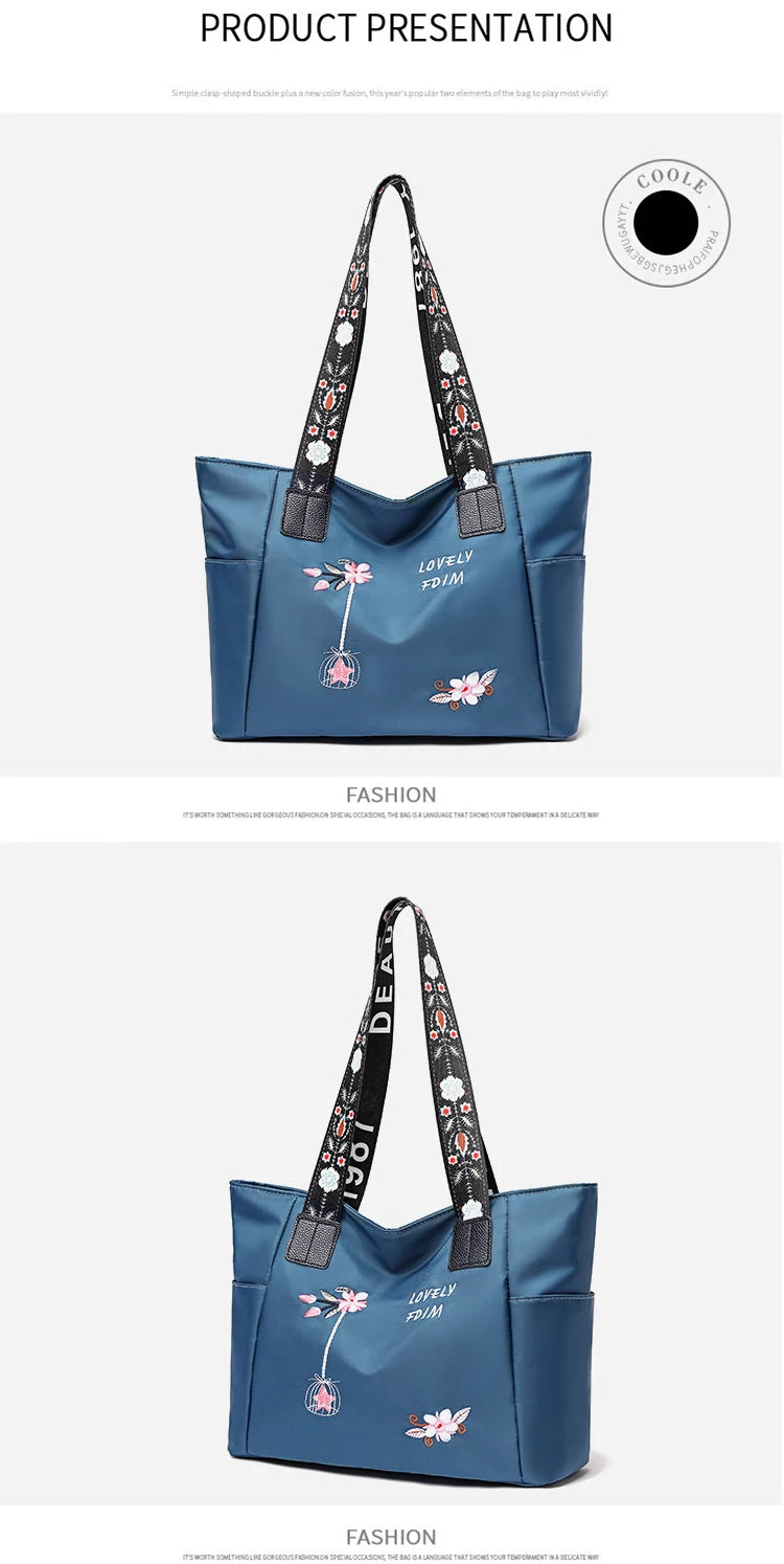 2024 New Arrivals Embroidery Women Handbag Nylon Waterproof Casual Tote Shopping Bag Large Capacity Female Shoulder Bags