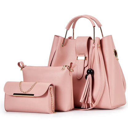 Fashion Women Bucket Handbag Large Capacity PU Leather Shoulder Bag Female  Wild 3 Pcs Set Retro Tote Tassel Messenger Bags 2026