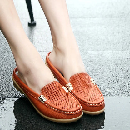 Women Casual Shoes Hollow Out Lady Half Lofers Genuine Leather Flats Moccasins Women Luxury Brand Half Slippers Zapatillas Mujer