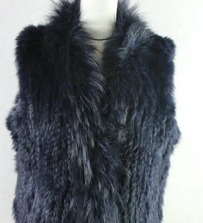 new fashion rabbit fur vest knit rabbit vest 80cm long style for women raccoon fur collar trim fur waistcoat pocket decoration