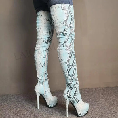LAIGZEM Women Thigh High Boots Faux Snake Leather Stiletto Heels Side Zip Boots Crotch Shoes Botines Mujer Big Size 39 41 52