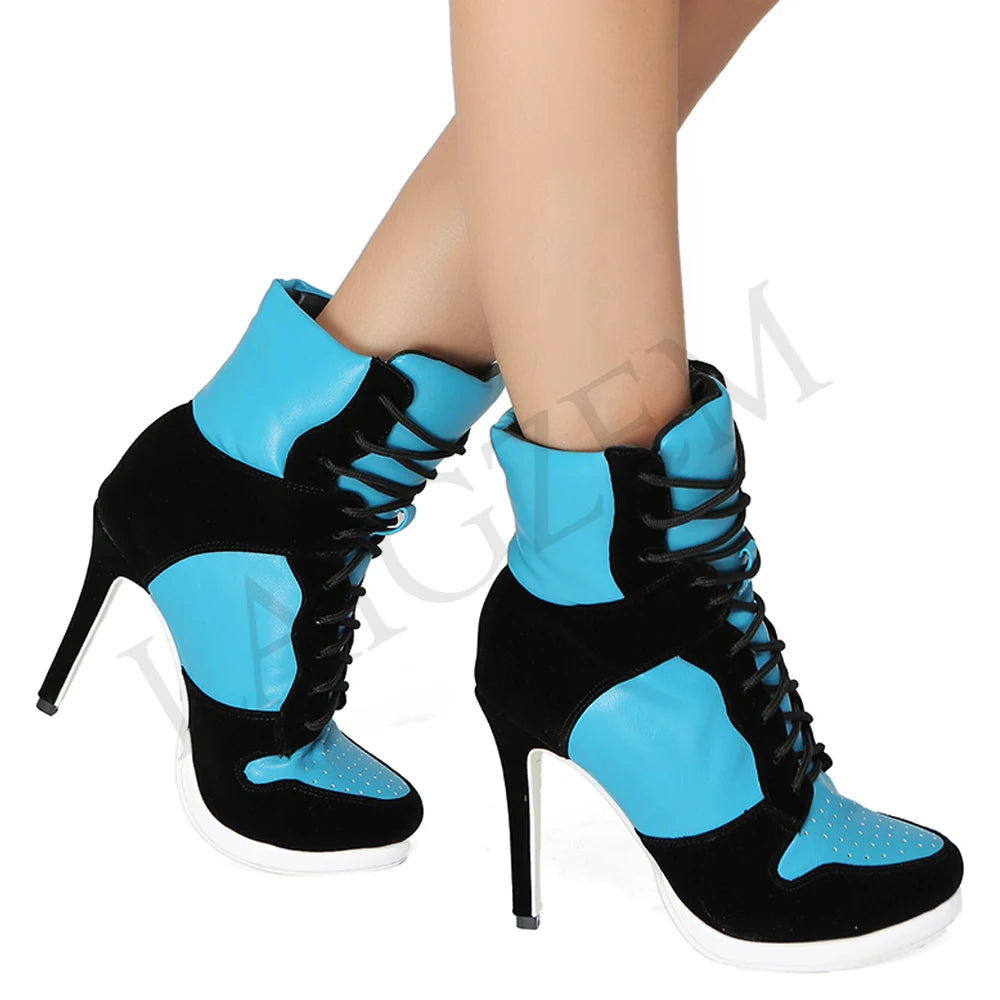 LAIGZEM SUPER Cool Women Ankle Boots Adjustable Lace Up Heel Boots Ladies Shoes Woman Botines Mujer 2020Small Big Size 34-47