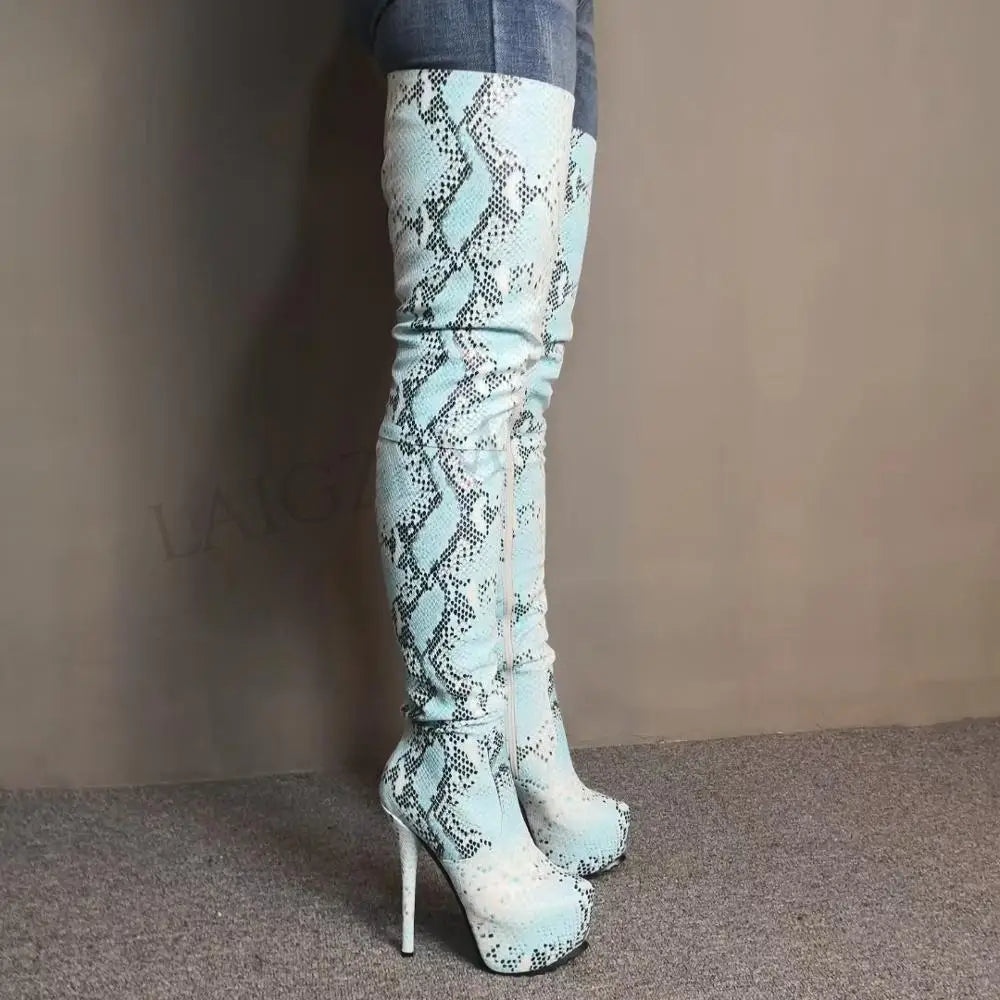 LAIGZEM Women Thigh High Boots Faux Snake Leather Stiletto Heels Side Zip Boots Crotch Shoes Botines Mujer Big Size 39 41 52
