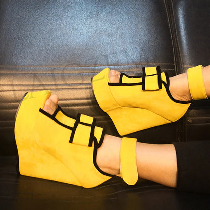 LAIGZEM SUPER Women Sandals Faux Suede Platform Wedges Heels Sandals Yellow Shoes Woman PARTY Club Sandalia Zapato Size 34-52