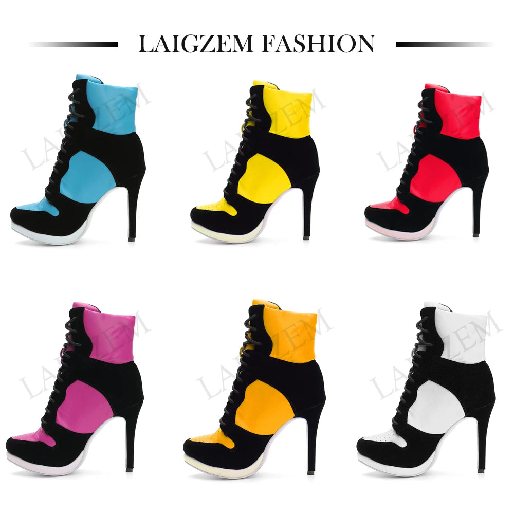 LAIGZEM SUPER Cool Women Ankle Boots Adjustable Lace Up Heel Boots Ladies Shoes Woman Botines Mujer 2020Small Big Size 34-47