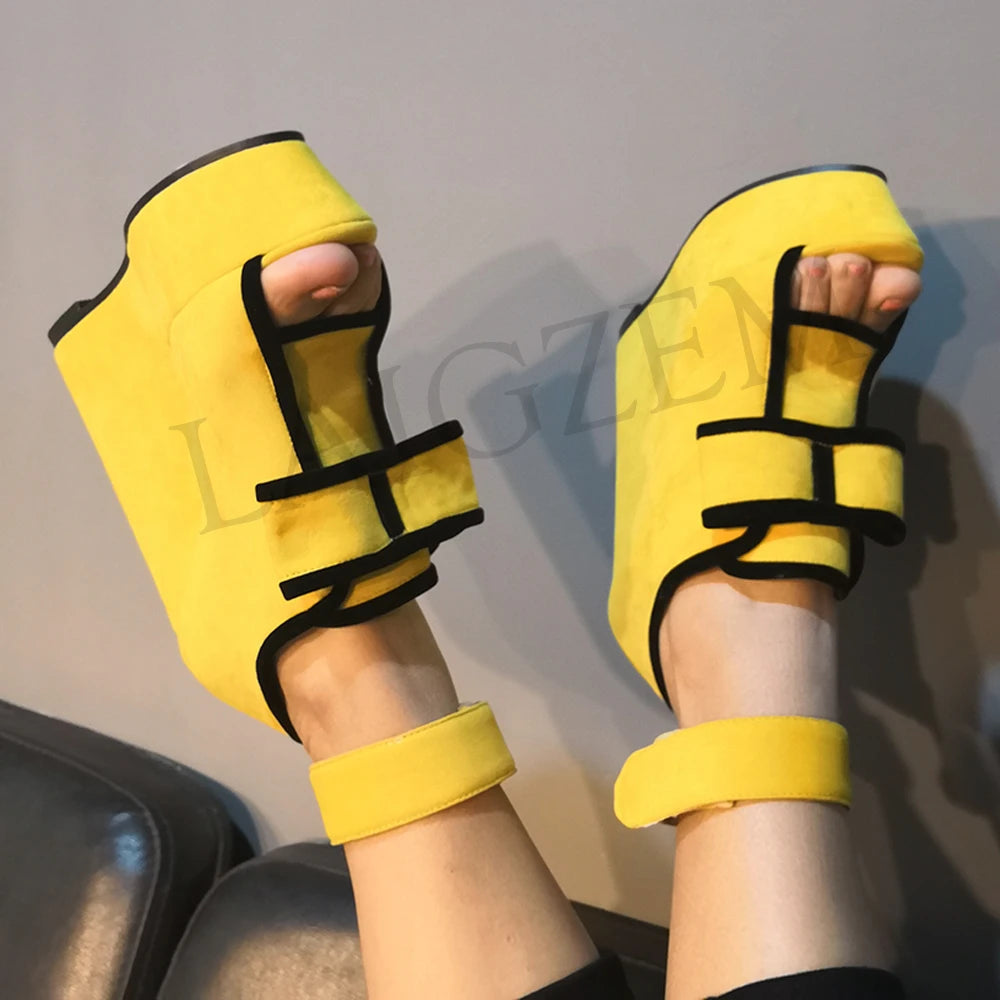 LAIGZEM SUPER Women Sandals Faux Suede Platform Wedges Heels Sandals Yellow Shoes Woman PARTY Club Sandalia Zapato Size 34-52