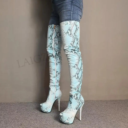 LAIGZEM Women Thigh High Boots Faux Snake Leather Stiletto Heels Side Zip Boots Crotch Shoes Botines Mujer Big Size 39 41 52