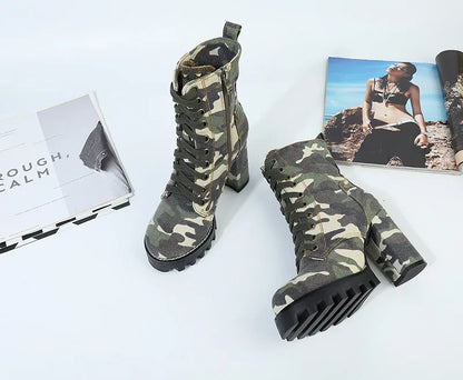 Camouflage Women Ankle Boots Lace-up Chunky High Heel Platform Botas Mujer Ladies Autumn Denim Shoes Riding Boot