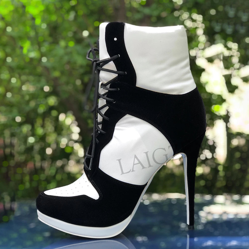 LAIGZEM SUPER Cool Women Ankle Boots Adjustable Lace Up Heel Boots Ladies Shoes Woman Botines Mujer 2020Small Big Size 34-47