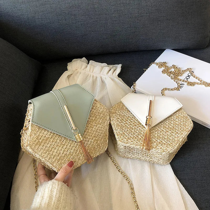 Hexagon Mulit Style Straw+leather Handbag Women Summer Rattan Bag Handmade Woven Beach Circle Bohemia Shoulder Bag