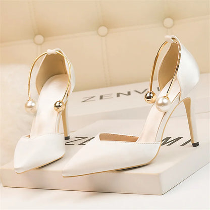 2025 New Elegant Pearl Metal Buckle High Heels Women Sandals Korean Fashion Soft Silk Pointed Ladies Shoes Party Sandals Shallow