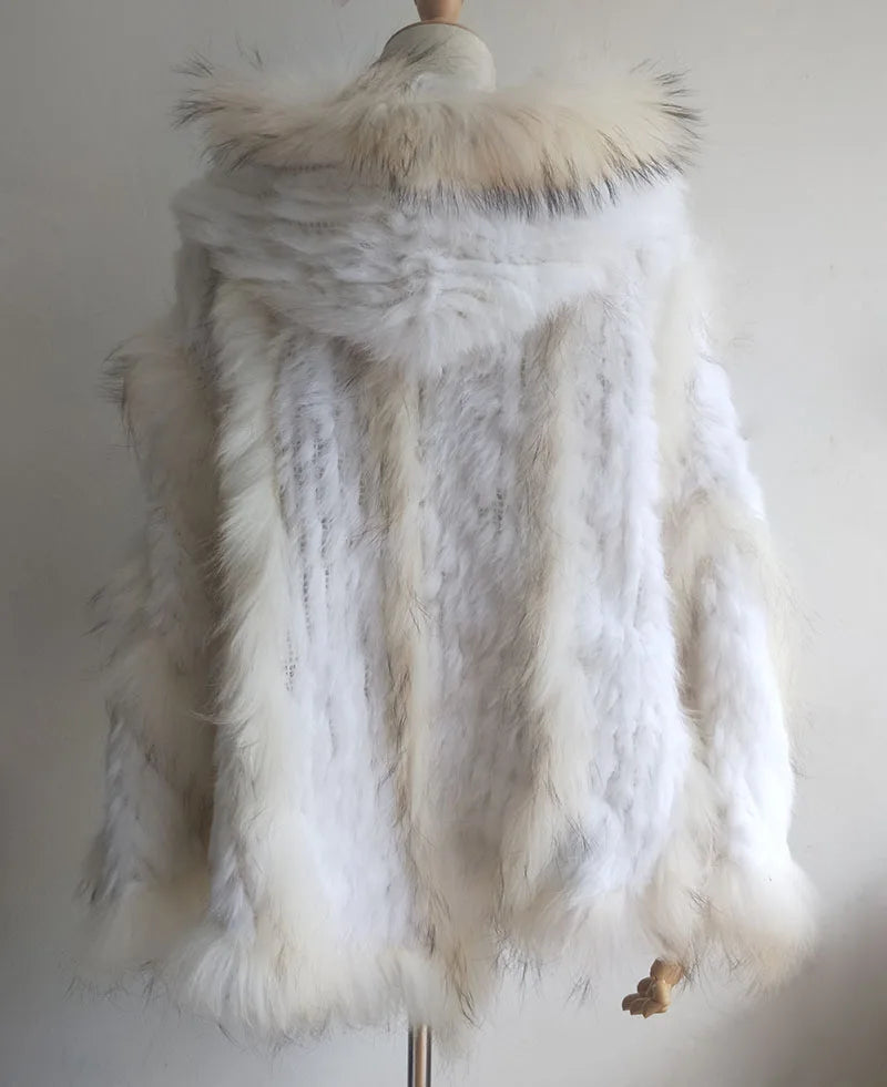 Plus Size Knitted Rabbit Fur Poncho With Hood Women 2024 Fashion Loose Real Fur Shawl Ladies Autumn Hooded Genuine Fur Ponchos