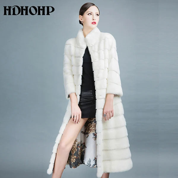 HDHOHR 2026 High Quality Natural Mink Fur Coats Long With Skirt Women Winter Real White Mink Coats Slim Warm Fur Jackets Feamle