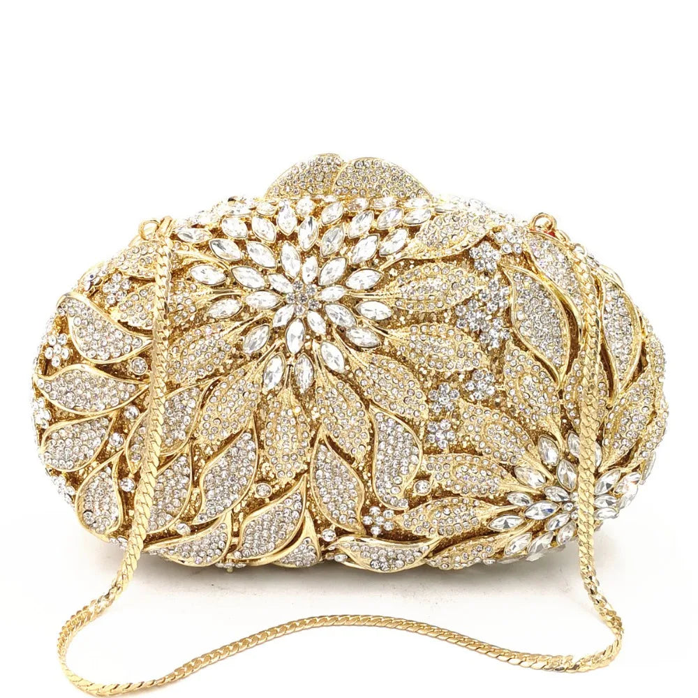 Gold Metal Leaves White Crystals Evening Clutch Bags Luxury Women Wedding Party Purse Ball Handbags Rhinestone Mini Minaudiere