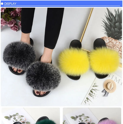 Women Summer Casual Fluffy Slippers With Fur Flat Non-Slip Real Fox Fur Furry Slides Large Size Shoes Fur Sandals
