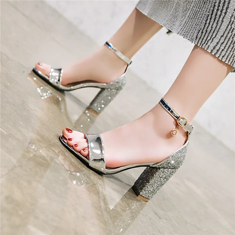 Luxury Silver Gold Summer Sandals for Women Elegant Block High Heels Flip Flop Sequined Party Wedding Shoes Ladies Large Size 45