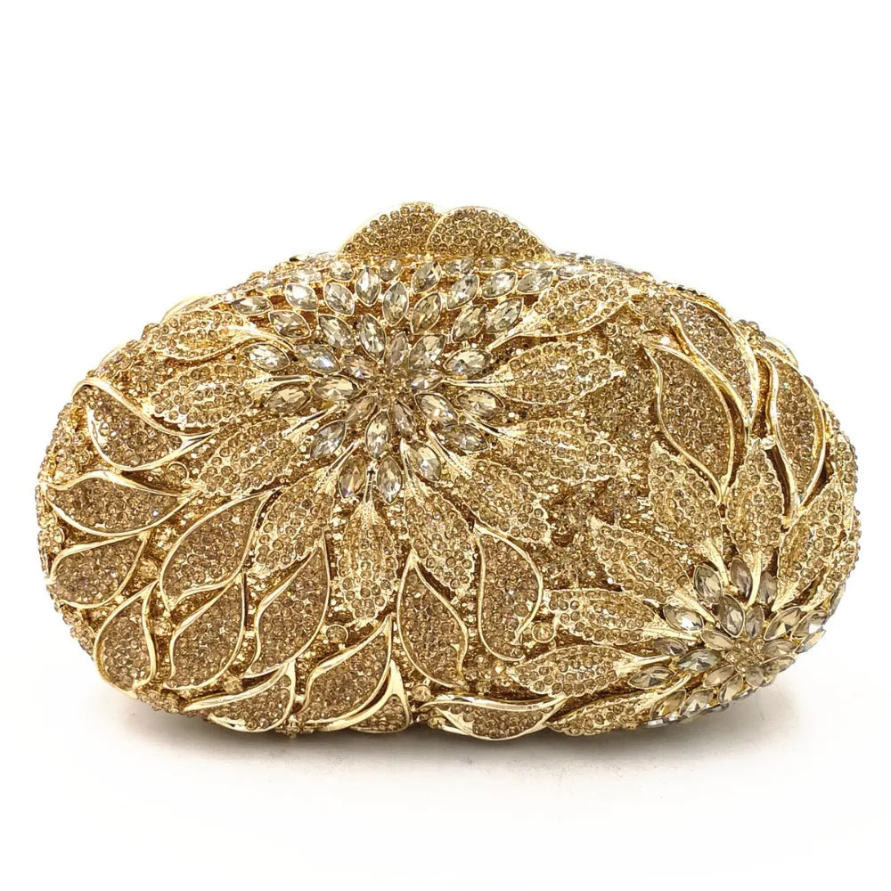 Gold Metal Leaves White Crystals Evening Clutch Bags Luxury Women Wedding Party Purse Ball Handbags Rhinestone Mini Minaudiere