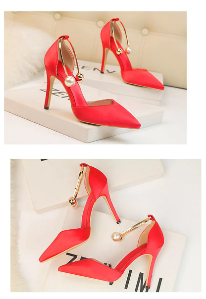 2025 New Elegant Pearl Metal Buckle High Heels Women Sandals Korean Fashion Soft Silk Pointed Ladies Shoes Party Sandals Shallow