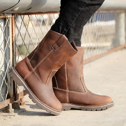 Spring Autumn Retro Genuine Leather Men Mid-Calf Boots Slip-On Male Real Leather Work Safety Shoes Motorcycle Half Boot 1905