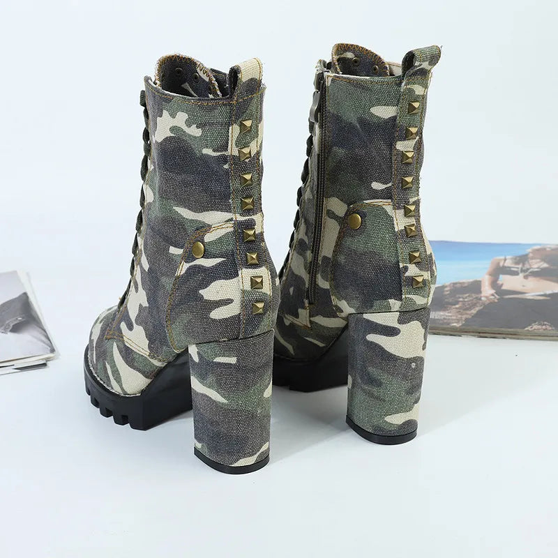 Camouflage Women Ankle Boots Lace-up Chunky High Heel Platform Botas Mujer Ladies Autumn Denim Shoes Riding Boot
