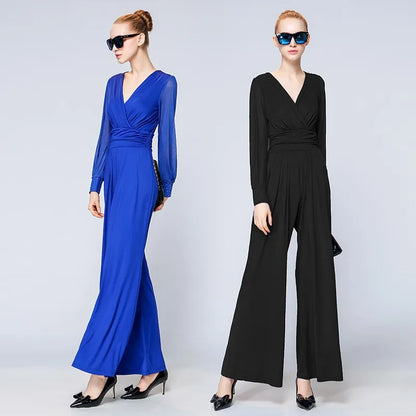 Fashion Women Long Sleeve Sexy V Neck Wide Leg Rompers Belted High Waist Jumpsuits Long Office Ladies Outfits Jumpsuit Colors