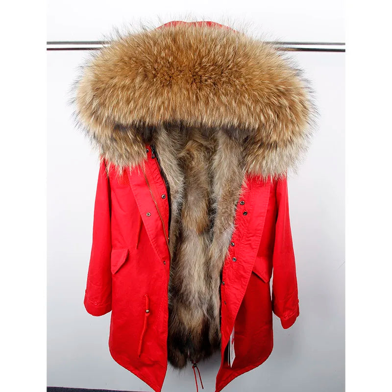 Maomaokong 2026 New Natural Fur Lining Real Fur Coat Winter Jacket Women Raccoon Fur Collar Warm Thick Parkas Female Clothing