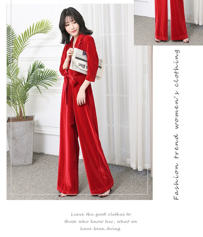 Nerazzurri Spring Autumn Long Soft Flowy Red Velvet Jumpsuit Women with Sleeves Sashes Maxi Black Wide Leg Floor Length Clothes