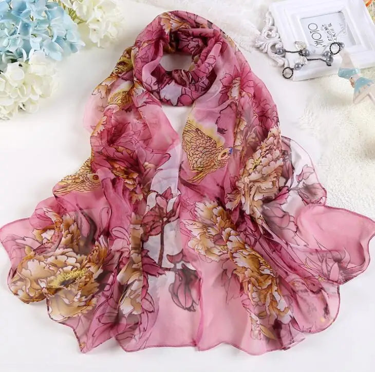 Hot Fashion Summer Chiffon Georgette Scarf Parrot Peony Print Women Foulard Long Shawl&Wrap Bandana Elegant Thin 50*160cm M163