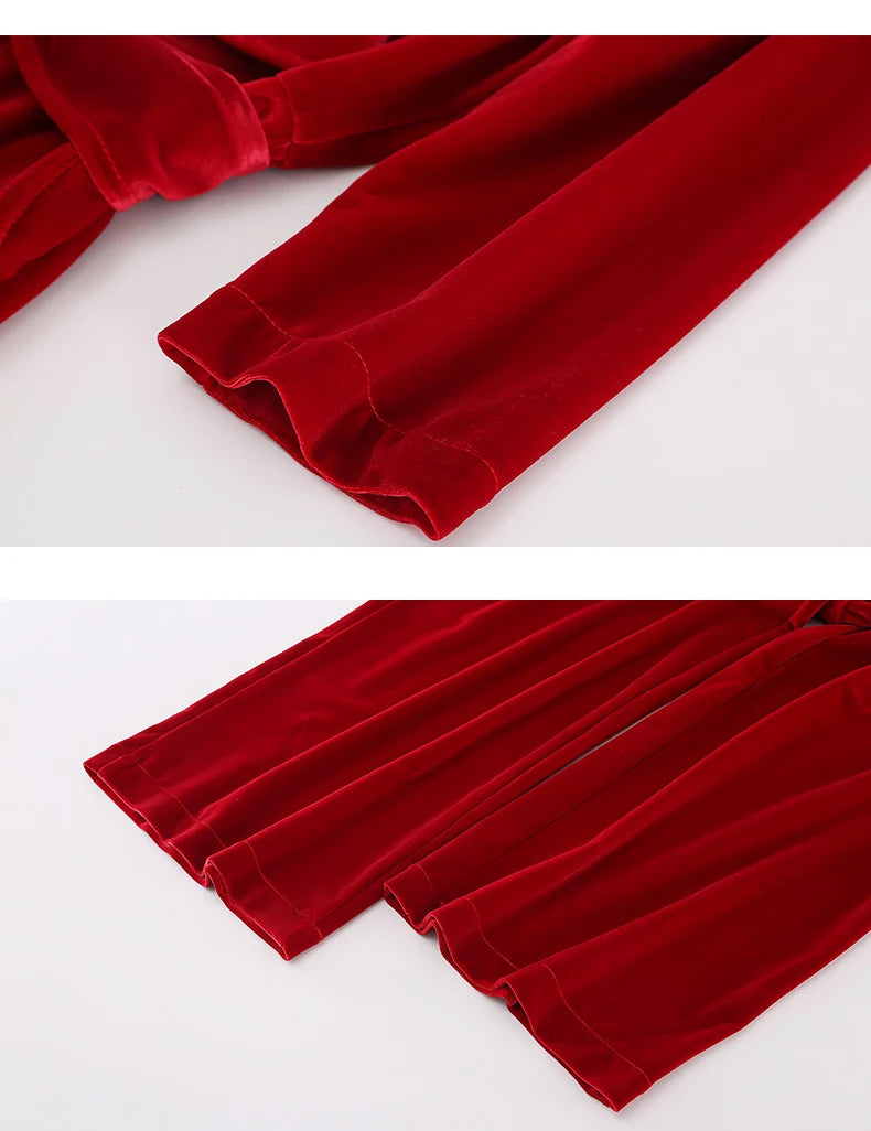 Nerazzurri Spring Autumn Long Soft Flowy Red Velvet Jumpsuit Women with Sleeves Sashes Maxi Black Wide Leg Floor Length Clothes