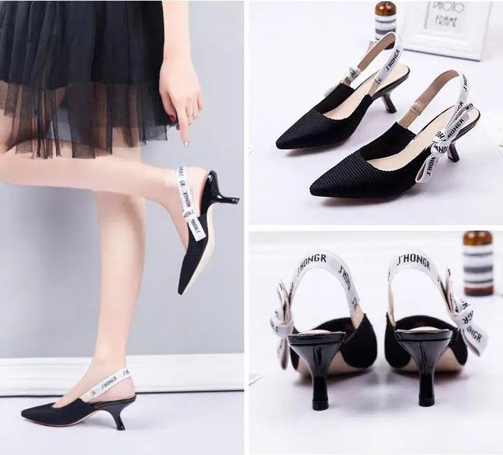 Sandals Women Luxury Striped Fabric Strange Heel Designer Sandals Back Strap Butterfly-Knot Elastic Band Pumps Party Shoes Woman