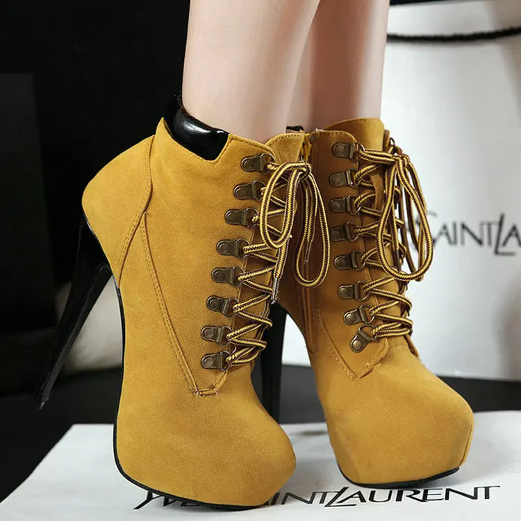 Onlymaker Women Lace-Up Ankle Boots Shoes 16cm High Thin Heel 4cm Platform Fashion Heels Boots Plus Size 35-46