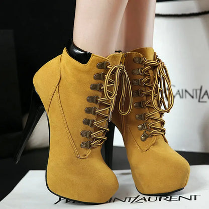 Onlymaker Women Lace-Up Ankle Boots Shoes 16cm High Thin Heel 4cm Platform Fashion Heels Boots Plus Size 35-46