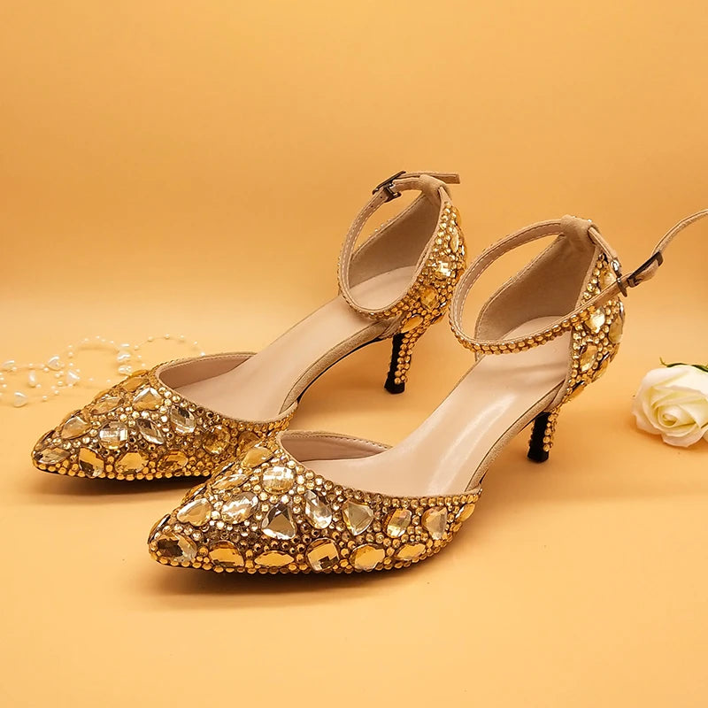 Customized Champagne Golden crystal women Wedding shoes Rhinestone high heels ankle strap shoes women party dress shoes
