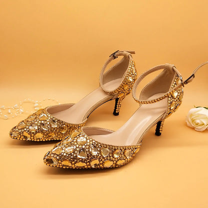 Customized Champagne Golden crystal women Wedding shoes Rhinestone high heels ankle strap shoes women party dress shoes