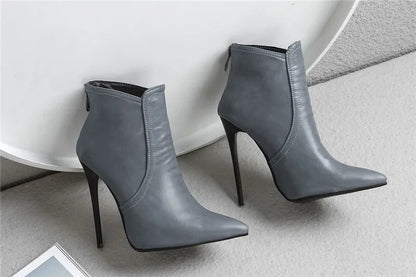 Black Women's high-heeled Ankle Boots Spring Autumn Fashion Point Toe Ladies Shoes Sexy Nightclub Short Boot Grey Large Size 45