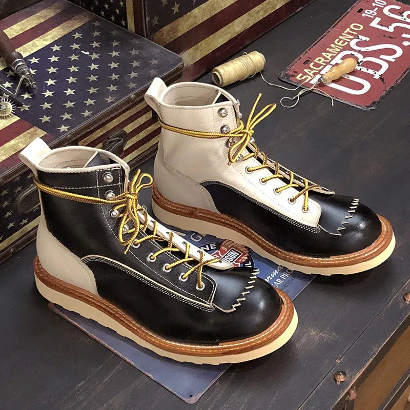 New Japanese Retro Patchwork Genuine Leather  Boots Men Round Toe Lace Up Motorcycle Ankle Boots Casual Men Leather Shoes