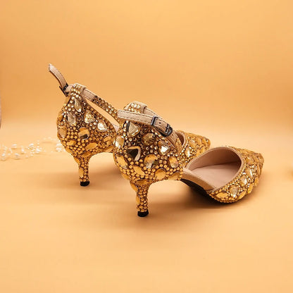 Customized Champagne Golden crystal women Wedding shoes Rhinestone high heels ankle strap shoes women party dress shoes