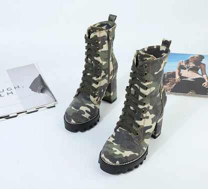 Camouflage Women Ankle Boots Lace-up Chunky High Heel Platform Botas Mujer Ladies Autumn Denim Shoes Riding Boot
