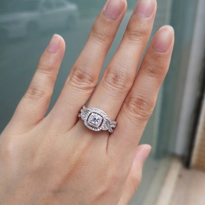 Newshe 2 Pcs 925 Sterling Silver Wedding Rings for Women Double Halo AAAAA Cubic Zircons Engagement Ring Bridal Set Jewelry