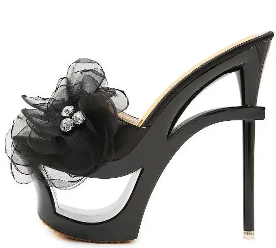 Strange Heels Platforms  2019 New Women Shoes Sandals and Slippers Blue Satin Chiffon Floral Diamond Waterproof Profiled Shoes