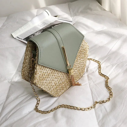 Hexagon Mulit Style Straw+leather Handbag Women Summer Rattan Bag Handmade Woven Beach Circle Bohemia Shoulder Bag