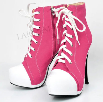 LAIGZEM Canvas Botines Mujer Women Platform Booties High Heel Side Zip Short Ankle Boots Shoes Woman Ladies Large Size 34 42 452