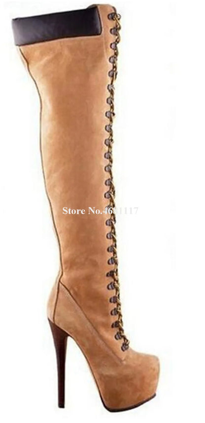 Platform Over The Knee Heeled Boots Front Lace Splicing Round Toe Thin Heel Thigh High Boots Motorcycle Boots Women Brand Design