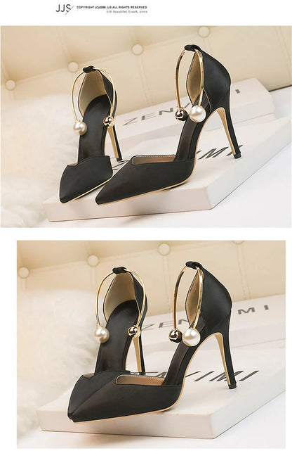2025 New Elegant Pearl Metal Buckle High Heels Women Sandals Korean Fashion Soft Silk Pointed Ladies Shoes Party Sandals Shallow