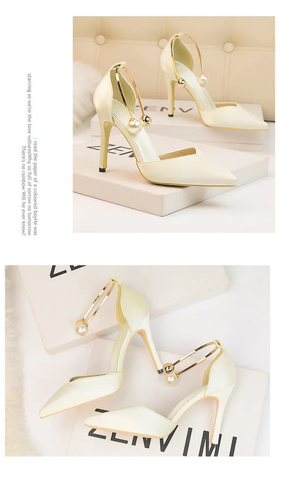 2025 New Elegant Pearl Metal Buckle High Heels Women Sandals Korean Fashion Soft Silk Pointed Ladies Shoes Party Sandals Shallow