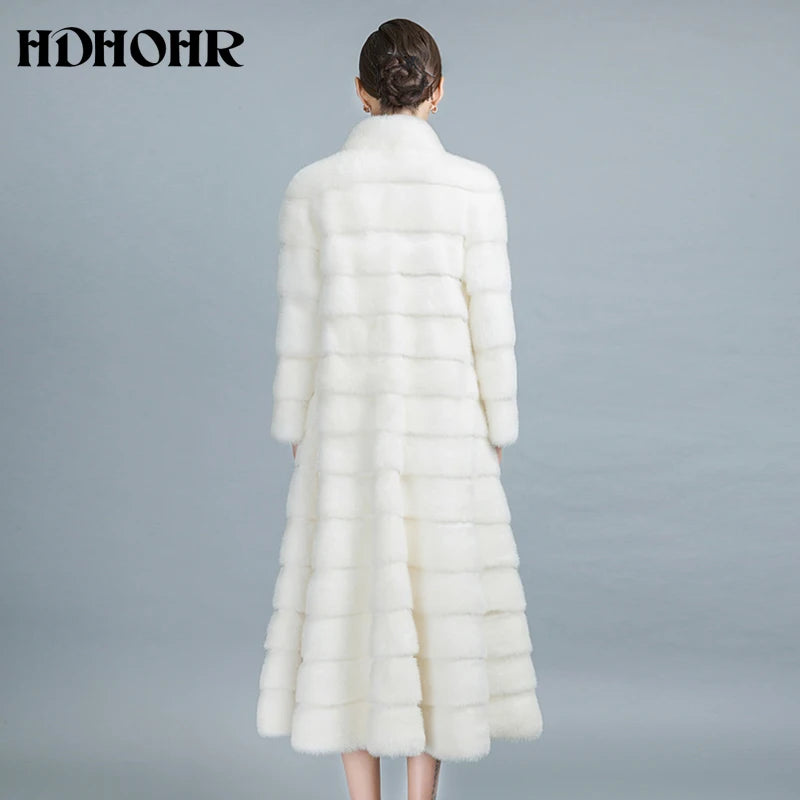 HDHOHR 2026 High Quality Natural Mink Fur Coats Long With Skirt Women Winter Real White Mink Coats Slim Warm Fur Jackets Feamle