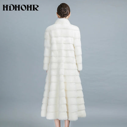 HDHOHR 2026 High Quality Natural Mink Fur Coats Long With Skirt Women Winter Real White Mink Coats Slim Warm Fur Jackets Feamle